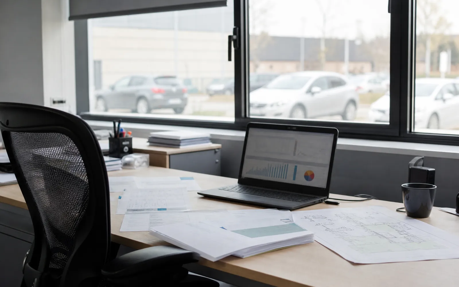Bureau d’un responsable des services généraux avec factures d’énergie et plan du bâtiment