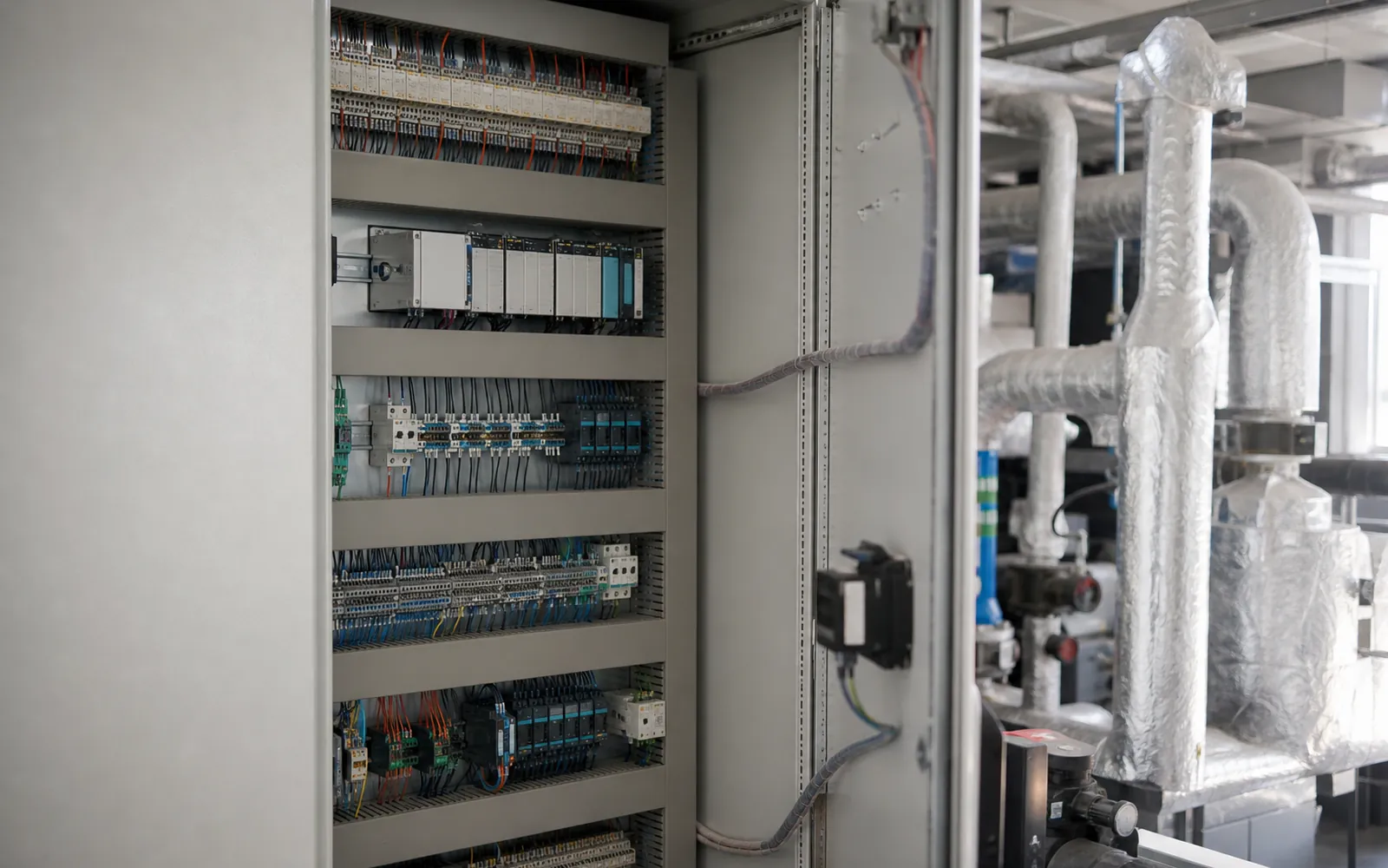 Armoire de régulation d’un bâtiment tertiaire à côté des réseaux de chauffage