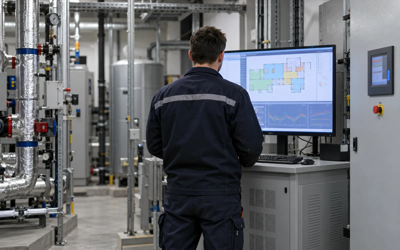Technicien devant l’écran de supervision d’une GTB affichant le plan d’étage et les courbes de température, dans le local technique d’un immeuble de bureaux